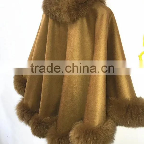 OEM Women Wholesale Hebei Camel Cashmere and Fox Fur Trim Cape photo-4
