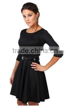 Womens 3/4 Sleeve Belted Flare Skater Dress Pleated Slimming Mini Tunic photo-5