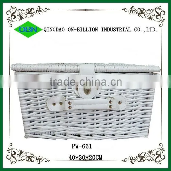Mini White Wicker 100% Hand Woven Willow Picnic Basket for 2 Person photo-2