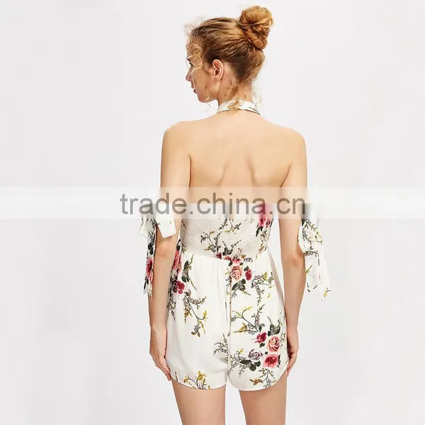 Polyester White Ladies Jumpsuit, Floral Print Contrast Lace Playsuit photo-4