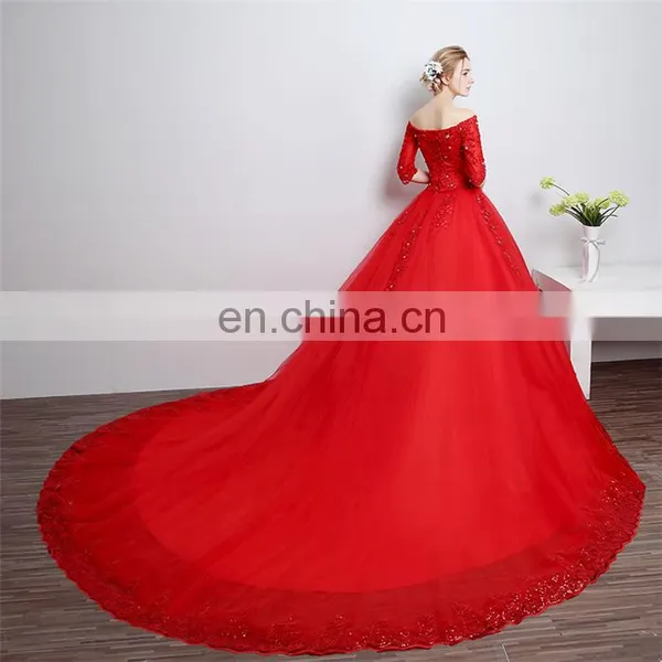 HS1608 Vintage Lace Ball Gown Train Red Wedding Dress photo-3