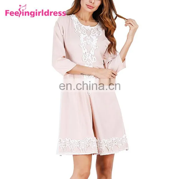 Latest Design Pink Long Sleeve Knee Length One Piece Dresses For Fat Girls photo-2