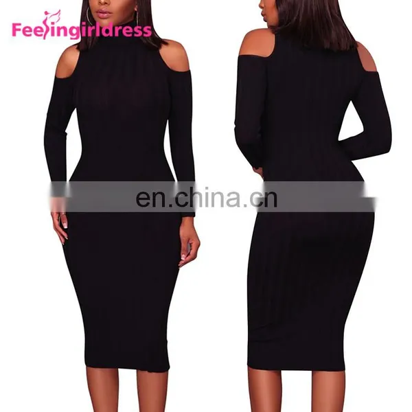 Women Sexy Cold Shoulder Knitting Sweater Long Sleeve Bodycon Party Mini Dress photo-5