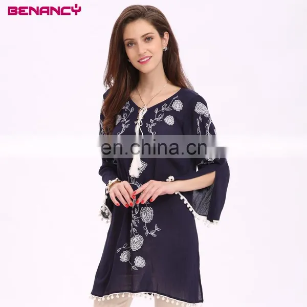 Long Flare Sleeve Contrast Embroidery Ladies Tunic Blouse With Ponpon photo-5