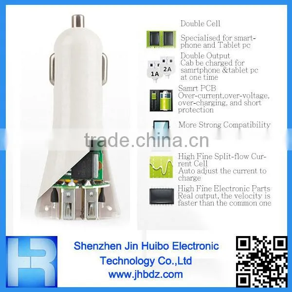 2013 Popular 2000mA Tablet PC Horn Style Dual USB Car Charger Kit By Jin Huibo