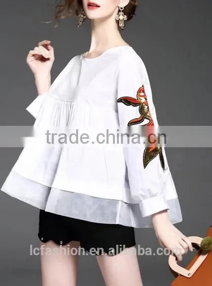 2017 Summer Newest Fashion Round Neck Long Sleeve Blouse With Patch on Sleeve photo-4