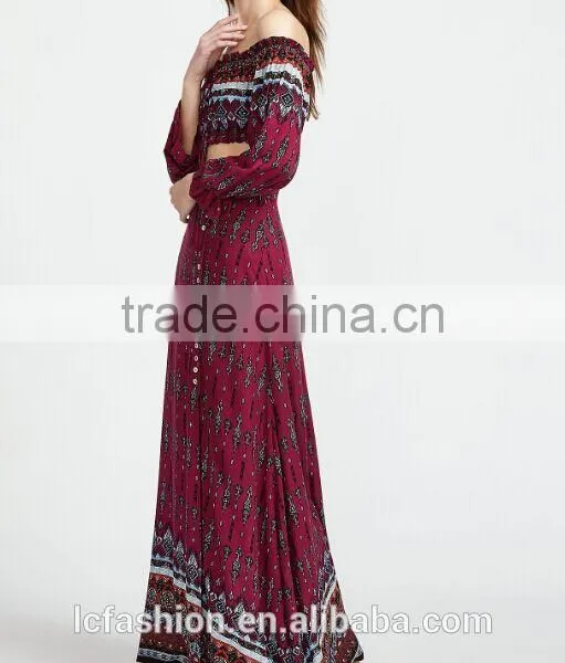 Picture of Long Skirts and Tops Vintage Print Drawstring Top With Split Skirt photo-5