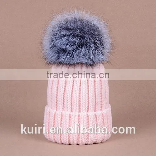 Knitted Hat With Snap Silver Fox Fur Ball on Top photo-3
