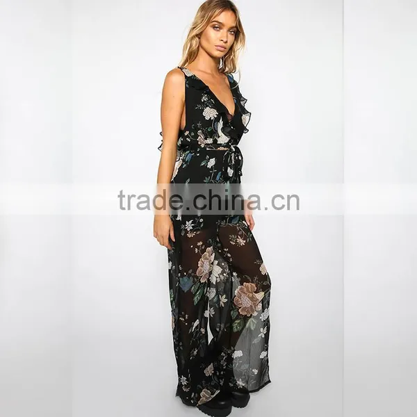 Plunge Open Leg Ladies Jumpsuit Floral Print New Design Clothing photo-3