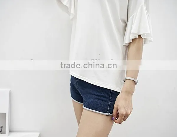 Summer 2017 Han Edition Round Neckline Necklace Lotus Leaf Sleeve Loose Pure Color Short Sleeve T-shirt Bertha photo-6