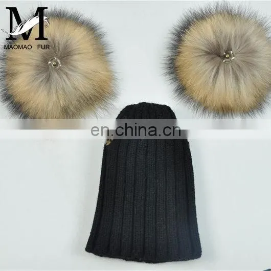Wholesale Fashion Cheap Kids Knitted Hats Real Fur Two Poms Kids Hat Winter photo-6