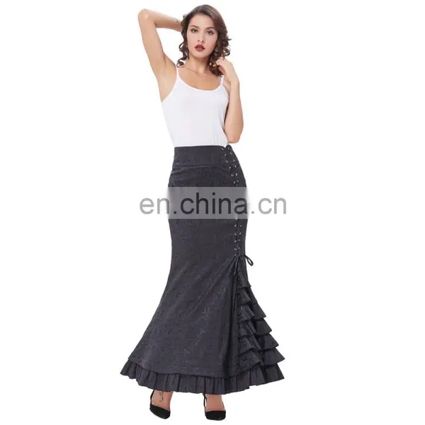 Belle Poque Women Vintage Retro Victorian Style Ruffled Jacquard Fishtail Mermaid Black Long Maxi Skirt BP000204-1 photo-2