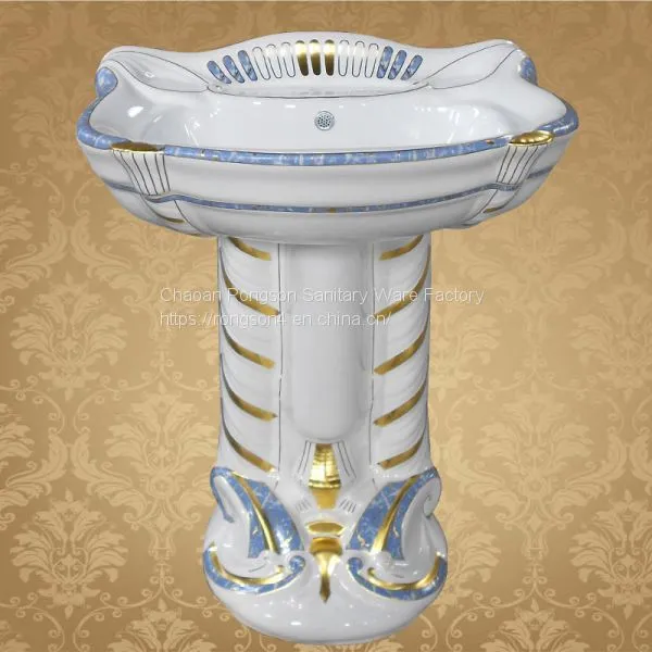 European Bathroom Good Sale Pink Color Round Shape Two Piece Big Pedestal Wash Hand Basin photo-3
