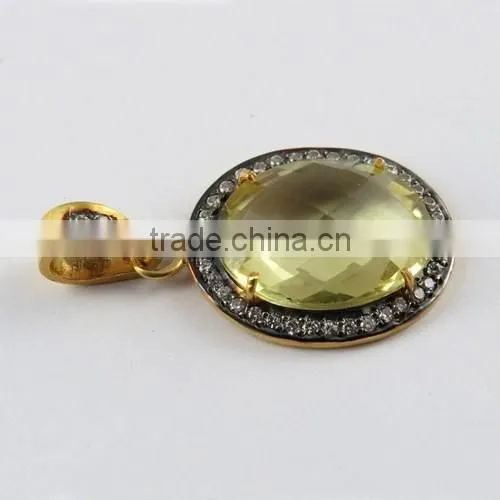 Vintage Lemon Quartz & CZ 925 Sterling Silver Pendant, Gemstone Silver Jewelry, Handmade Silver Jewelry photo-4