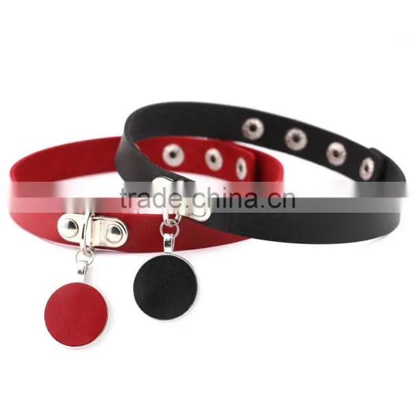 Anime Harajuku Gothic Punk Style Multi Color Alloy Round Pendant PU Leather Choker Necklace Collar Chocker