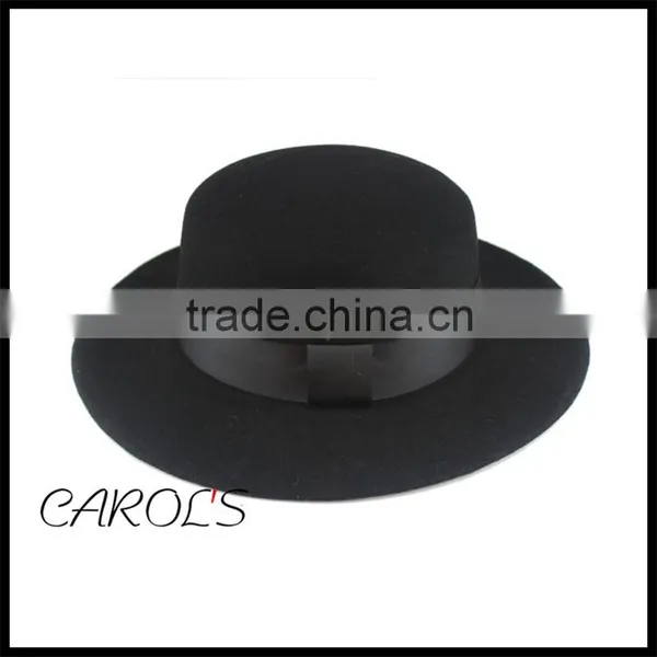 Black Wool Felt Hat Wholesale Flat Top Hat Wide Brim With Shiny Ribbon Band Designed in Japan