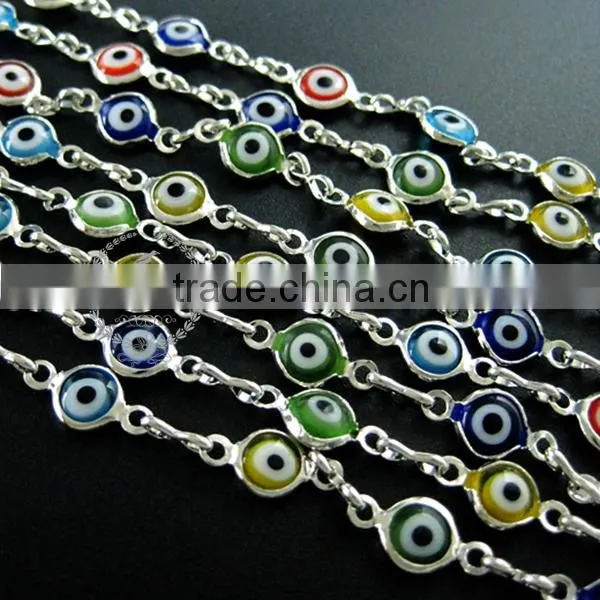 6mm Red,yellow,blue,green Flat Glass Turkish Evil Eye Beads Links Silver Plated Brass Necklace Chain DIY Supplies 1512025 photo-3