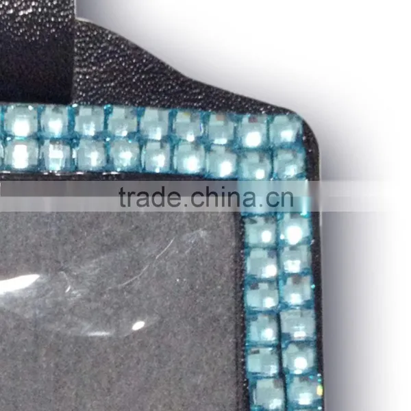 ID Holder With Light Blue Gem, High Quality Promotion Gift PU Leather Badge Holder With Crystal Gem Decoration photo-3