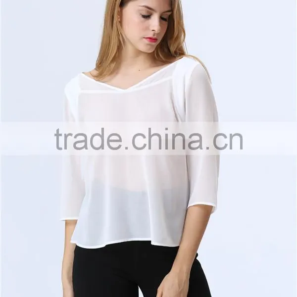 See-through White Chiffon Three Quarter Sleeve Casual Loose Blouse/Top for Ladies/Women photo-3
