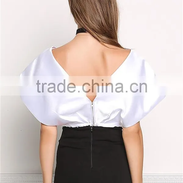 MGOO Custom Designs V Neck Tunic Fashion Cross White Satin Blouses 100% Polyester Sleeveless Tops photo-6