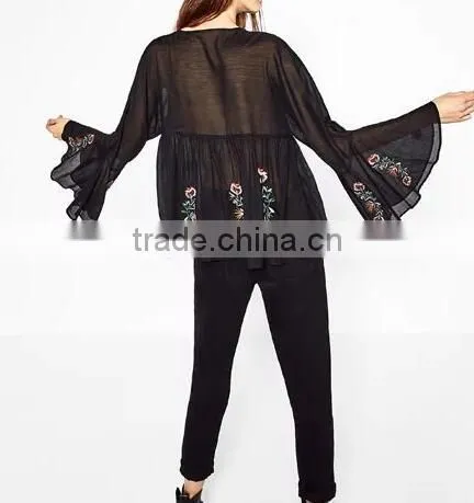 Runwaylover EY2375B 2017 Fashion Women Flare Sleeve Chiffon Embroidery Blouse photo-3