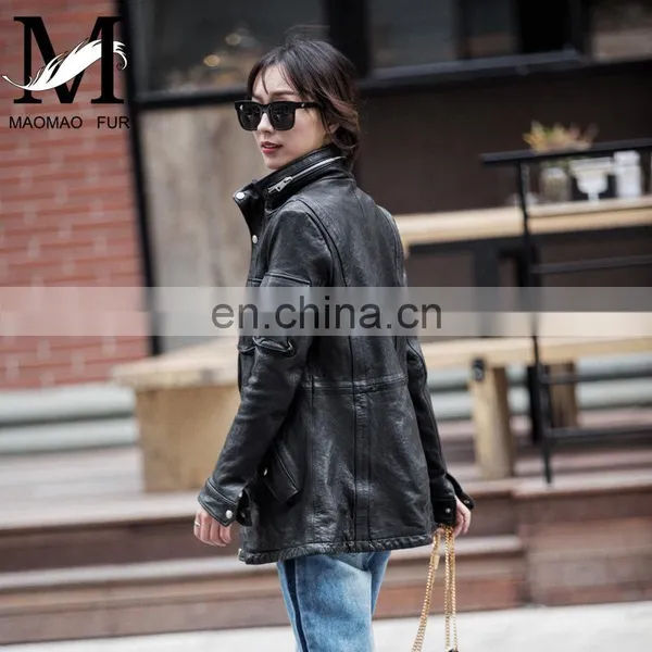 High Quality Popular Young Women Real Sheep Leather Garment Spring Ladies Long Black Coat photo-4