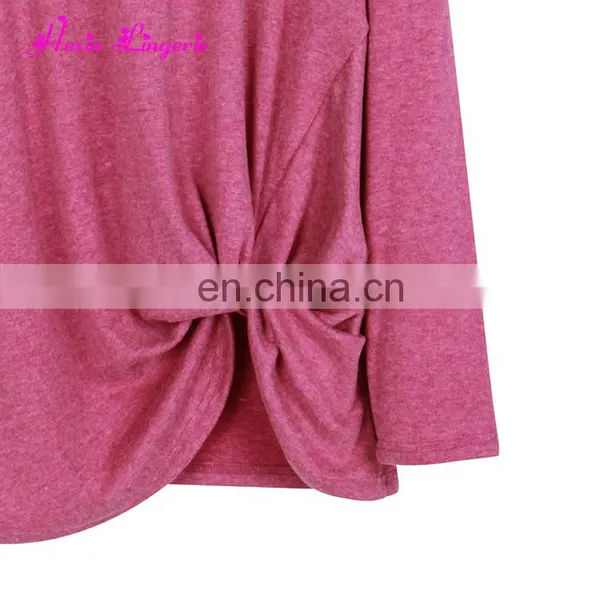 Solid Rose Red Irregular Knot Fashion Ladies Long Sleeve Women Top and Blouses photo-6