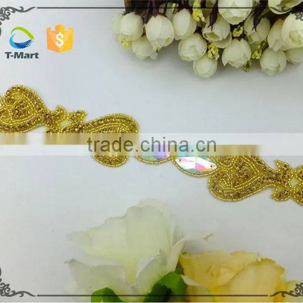Gold Trim Wedding Bridal Dress Belt Sash Rhinestone Applique photo-2