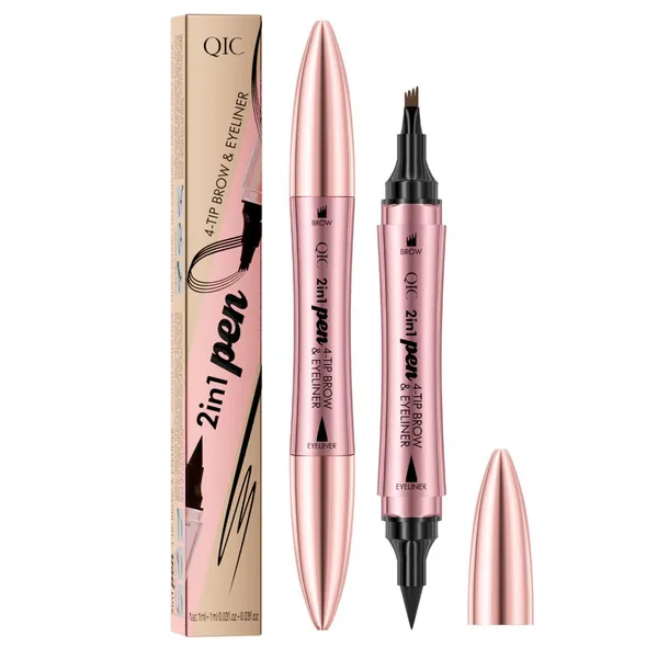 QIC Rose Gold Dual-Ended 4-Tip Eyebrow Pen & Eyeliner (Waterproof & Smudge-Proof) 4-Tip Forked Liquid Eyebrow Pen for Natural, Feathered Brows photo-5