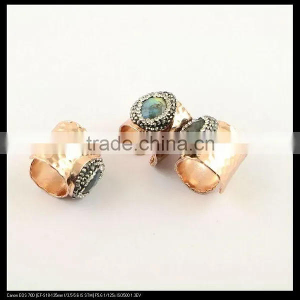 LFD-0018R ~Natural Labradorite With Crystal Rhinestone Paved Wide Rings, Metal Rose Gold Plated Gemstone Finger Jewelry Ring
