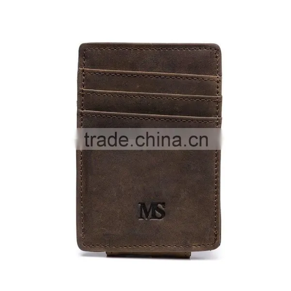 Fashion Custom Brown Genuine Crazy Horse Leather Money Clip Wallet With Magnet photo-6