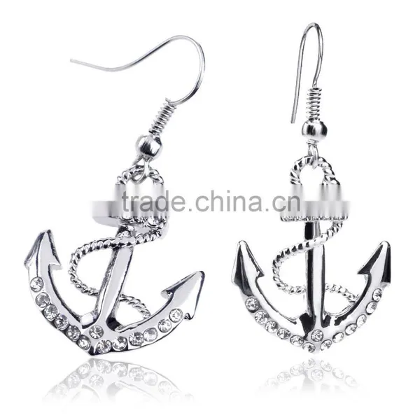 Long Earings 18k White Gold Plated Silver Color Austrian Crystal Rhinestone Dangle Anchor Earring photo-3