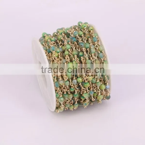Gold Plated Chain Wire Wrapped Green Jasper Faceted Beaded Chain Rosary Chain for DIY Necklace Jewelry Finding photo-2