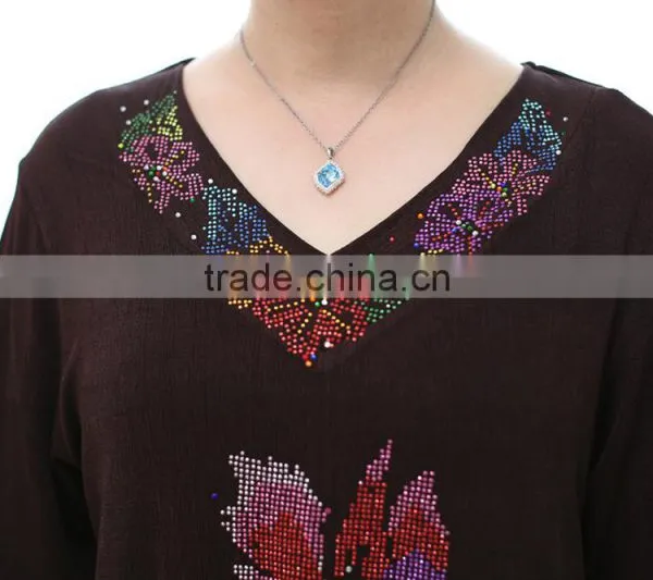 New Arrival Middle Aged Ladies V-neck Half Sleeve Beaded Flower Printed Blouse photo-5