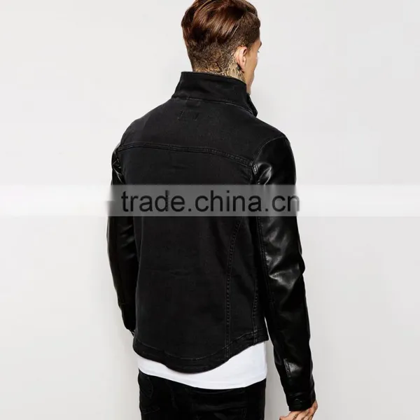 Fashion Denim Black Sleeves Leather Jacket With Pocket Custom Design photo-2