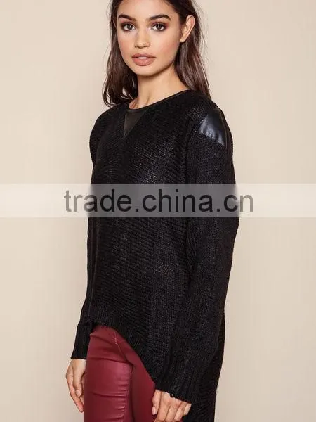 MGOO Brand Sweaters Pullover Model Black Leathertte Sweaters Knit Hi Low Fashion Clothing Urban photo-3