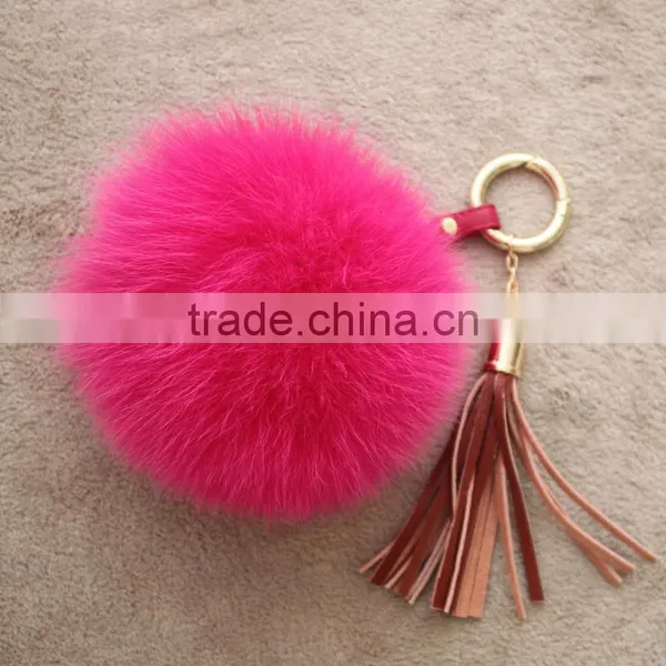Myfur Baby Pink Real Leather Tassel Fox Fur Pom Puff Key Ring Bag Accessory photo-2