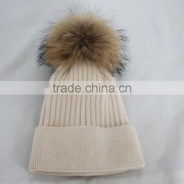 Myfur Wholesale Classic Beige Angola Rabbit Custom Knitted Pom Beanie Hat With Fur Pom photo-5