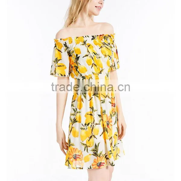 Summer Ladies Latest Fashion Boat Neck Printed Chiffon Dress Designs Women Off Shoulder Casual Dress photo-2