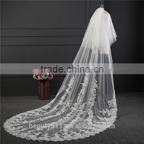 2017 Wholesale New Grance Long Lace Bridal Wedding Veil Fashionable Long Tulle HL14 photo-2