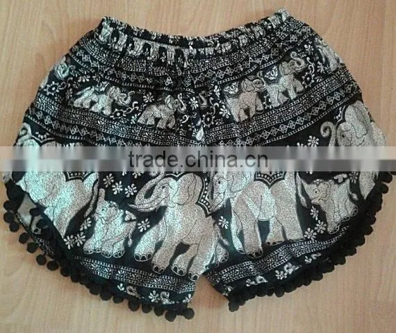 Vintage Bohomian Hippies Gypsy Girls Womens Pom Pom Trimming Shorts Elephant Ethnic Cotton Printed Ladies Viscose Beach Casual photo-3
