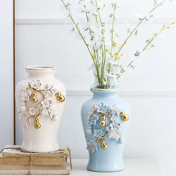 Nordic Palace Creative Romantic Gild Blue Yellow Tall Ceramic Flower Vase For Indoor Decor photo-3
