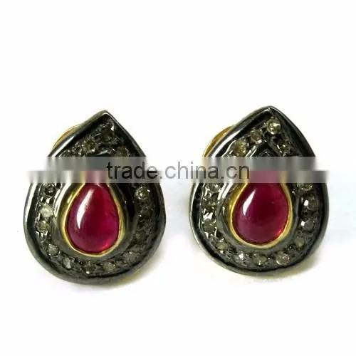 Cambridge !! Ruby & Diamond 925 Sterling Silver Earring, Studs SIlver Earring, 925 Sterling Silver Jewellery photo-3