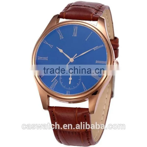 Luxury Blue Face Concise Style Leather Watch, Classic Rose Gold Plated Men's Watch, Japan Movement Quartz Watch photo-3