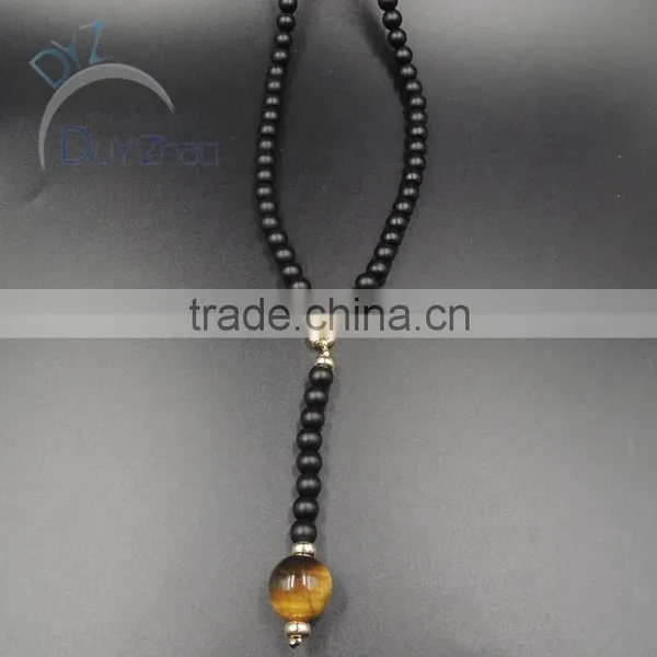 8mm Black Stone Beads Rosary Necklace With 16mm Tiger Eye Bead photo-3
