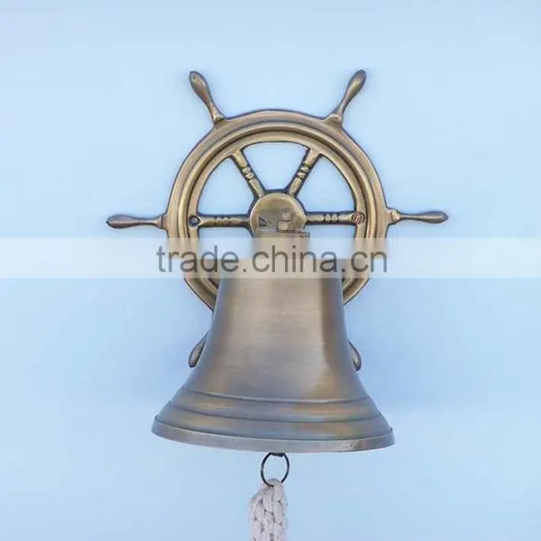 Cast Iron Hanging Ship Wheel Bell Nautical Bell Metal Wall Art, Antique Silver Beach- NBB 0014 photo-2
