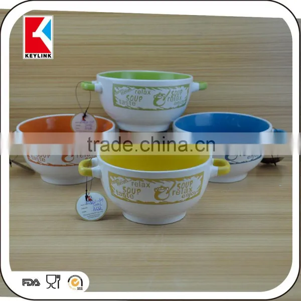 Wholsale Silkscreen Printed Bowl Color Glazed Two Handle Cereal Soup Bowl Ceramic photo-2