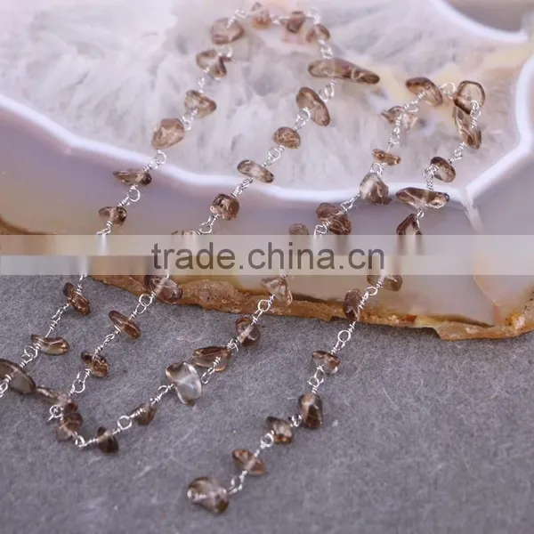 Fashion Rosary Chain Smoky Quartz Chips Beads Free Form Chains Silver Plated Wire Wrapped Chain photo-4