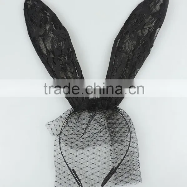 Wholesale Black Floral Lace Rabbit Bunny Ears Veil Headband
