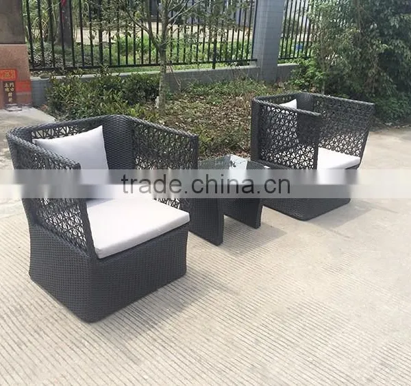 Modern Black Rattan High Back Wide Coffee Table Set photo-3